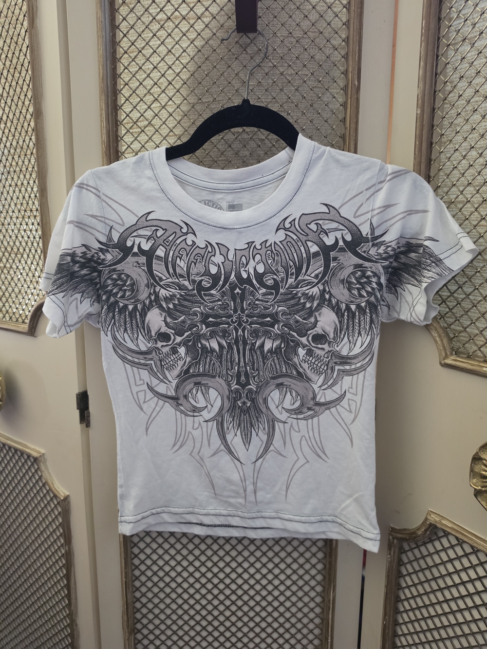 Affliction White Tee with Black Tribal Skull Design